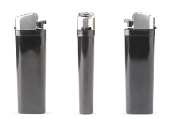 Set of black lighters close-up on a white. Isolated