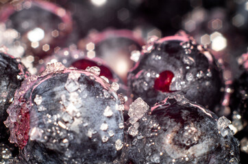 Macro of blueberries poured with sugar