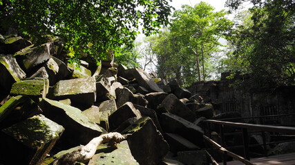 Cambodia Siem Reap－July 27, 2016: Ancient architecture and natural scenery  in Angkor Wat Cambodia. Photo taken in outside area. (Lady temple, Water fall (Phnom Kulen), Beng Mealea temple and Tonle Sa