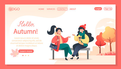 Young women sit on a bench in an autumn park and communicate. Walking in the fresh air, meeting with a friend. Vector illustration in flat style for web page design