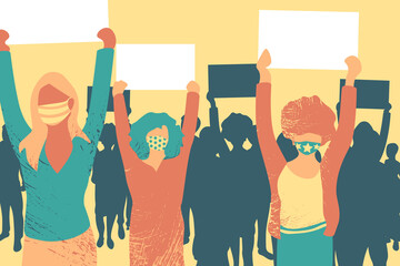 Crowd of protesters people vector illustration. People with banners and placards. Concept of revolution or protest, diversity, women's power. - obrazy, fototapety, plakaty