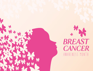 banner of world breast cancer awareness month with profile woman and butterflies vector illustration design