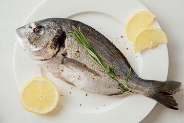 Raw dorado with lemon, pepper and rosemary on a plate, top view.