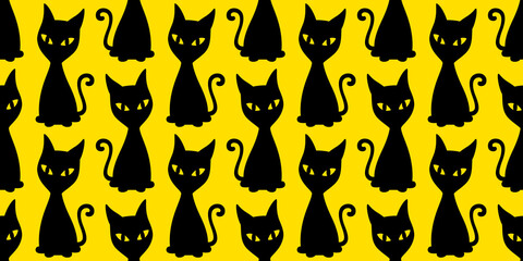 cat seamless pattern Halloween kitten vector calico cartoon scarf isolated repeat wallpaper tile background character doodle illustration yellow design