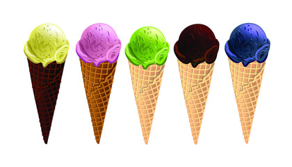 Vector illustration of colored ice cream in a waffle. Image of a collection of sweets.