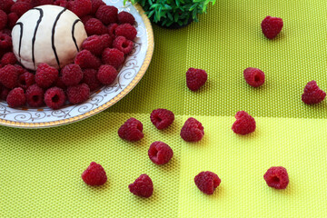 Raspberry with chocolate-covered cake on a plate on a green background.