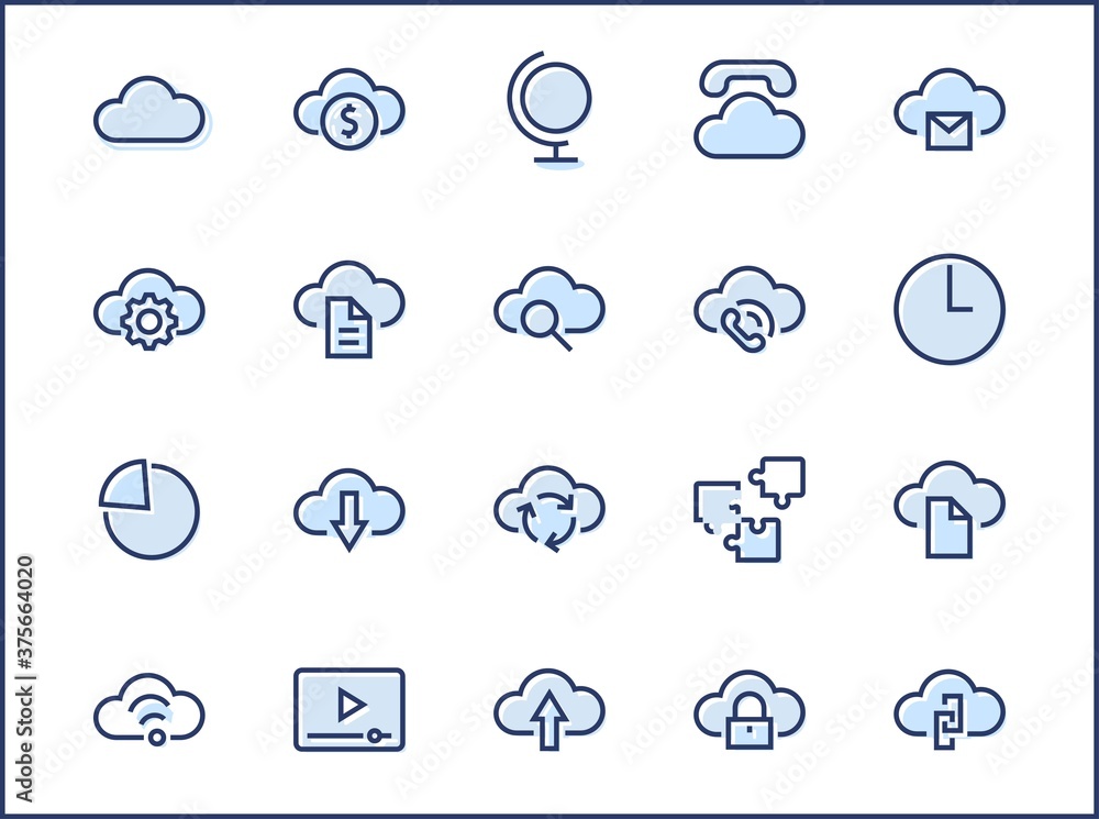 Poster set of cloud vector line icon. it contains symbols to upload, download, link and more. editable stro