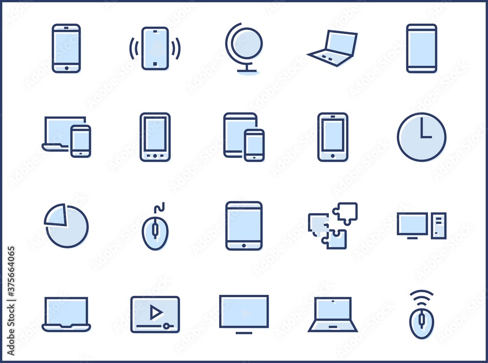 Poster set of smart devices and gadgets, computer equipment and electronics. electronic devices icons for w