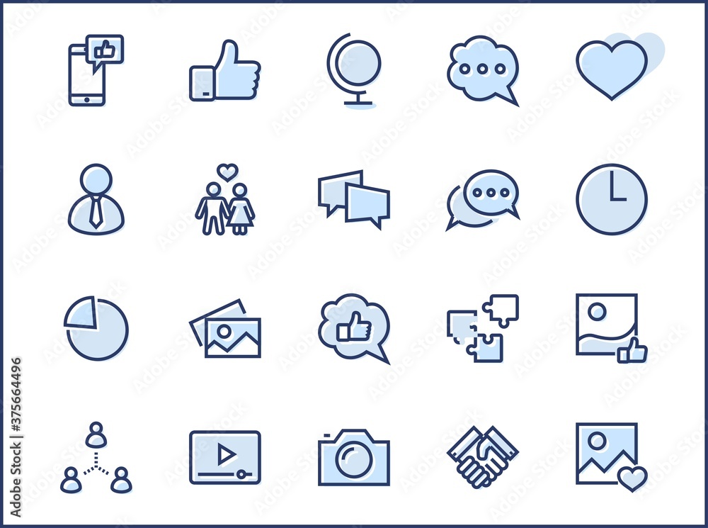 Poster set of social networks related vector line icons. contains such icons as profile page, rating, socia