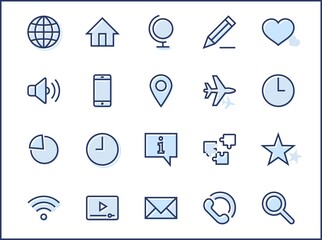 Set of Web Vector Line Icons. Contains such Icons as Globe, Wi-fi, Home, Heart, Phone, Pencil, Time Clock, Star and more. Editable Stroke. 32x32 Pixel Perfect