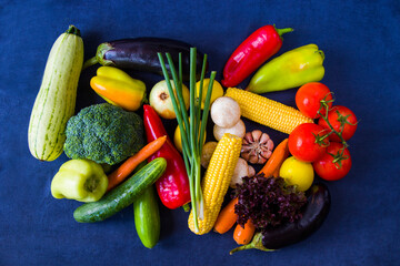 Colorful vegetables mix, ingredients and raw and organic vegetarian food, space for copy paste