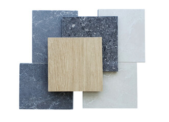 combination of interior tile samples in square shape contains wooden color ,grey emperado ,black...