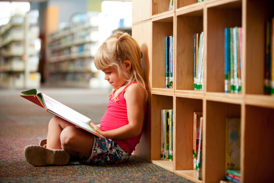Library: Cute Little Girl Reading Picture Book