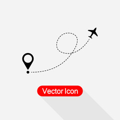 Air Plane Flight Route With Start Point And Dash Line Trace, Airplane Line Path Icon Vector Illustration Eps10