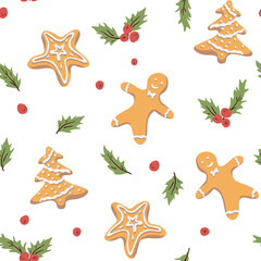 Fototapeta na wymiar Gingerbread cookie vector seamless pattern design hand-drawn ginger-man, star, Christmas tree, holly leaves and berries, childish style - fabric, wrapping, textile, wallpaper, apparel design for kids.