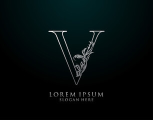 Classic V Letter Icon. Luxury Silver calligraphic alphabet arts logo. Vintage drawn emblem for book design, brand name, stamp, Restaurant, Boutique, Hotel.