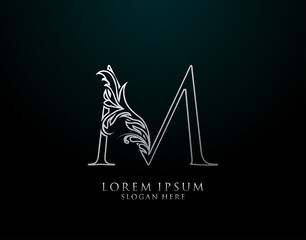 Classic M Letter Icon. Luxury Silver calligraphic alphabet arts logo. Vintage drawn emblem for book design, brand name, stamp, Restaurant, Boutique, Hotel.