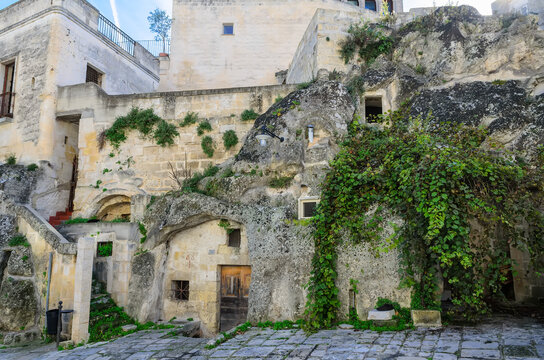 Typical architecture, streets and houses of old Matera. Most of the houses are caves hollowed out in the rocks.Matera was declared Italian host of European Capital of Culture for 2019