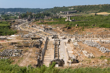 Aerial view over the roman ruins at Perge, Antalya, Turkey.