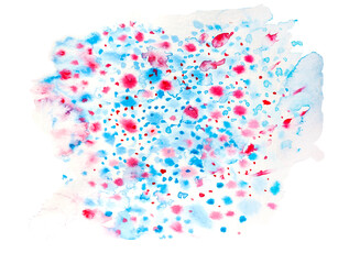 Watercolor abstract spots texture in blue and red on white background