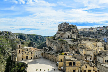 The sanctuary of Santa Maria de Idris is dug into the rock overlooking the Sasso Caveoso, on which stands a large wrought iron cross. It shows a lancet on the fa&ccedil;ade and a bell tower. Matera,Italy