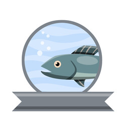 Fish logo. Tuna in circle. Ribbon for text. Flat cartoon. Element of fishing and fish restaurant. Blue marine animal underwater. Blue water with bubbles