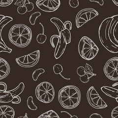Seamless pattern of fruits. Sketch style. Image for a poster or cover. Vector illustration. Repeating texture. Figure for textiles.