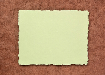 light green and brown abstract - a sheet of blank Indian handmade rag paper against textured bark paper, copy space