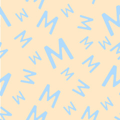 Blue seamless pattern with the letter M on a beige background. Minimalistic freehand drawing style. Background for fabric, wallpaper, bed linen. Vector illustration.