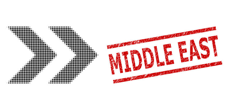 Shift right halftone dotted pictogram and Middle East rubber seal. Stamp seal includes Middle East text between parallel lines.
