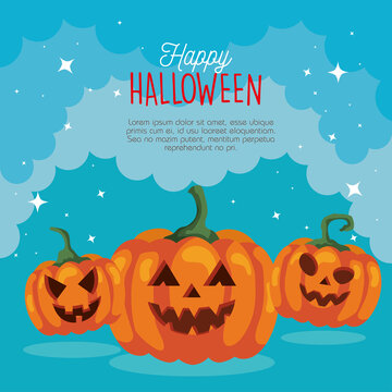 happy halloween banner with pumpkins vector illustration design