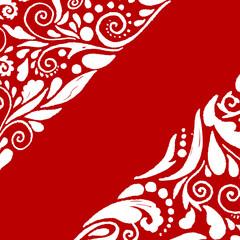 floral hand drawn white elements on red background; ornate corners