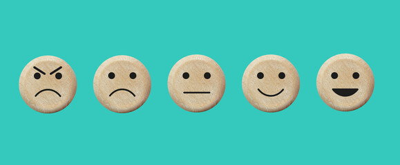 Customer feedback and satisfaction wooden  icons. Basic emoticons set. Five facial expression of...