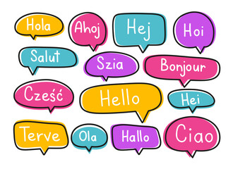Greeting phrases in different languages. Handwritten lettering illustration. Black vector text in neon speech bubbles.  - obrazy, fototapety, plakaty