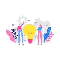 Tiny man and woman characters standing near a giant light bulb on white background. Idea brainstorming. Creative thinking.