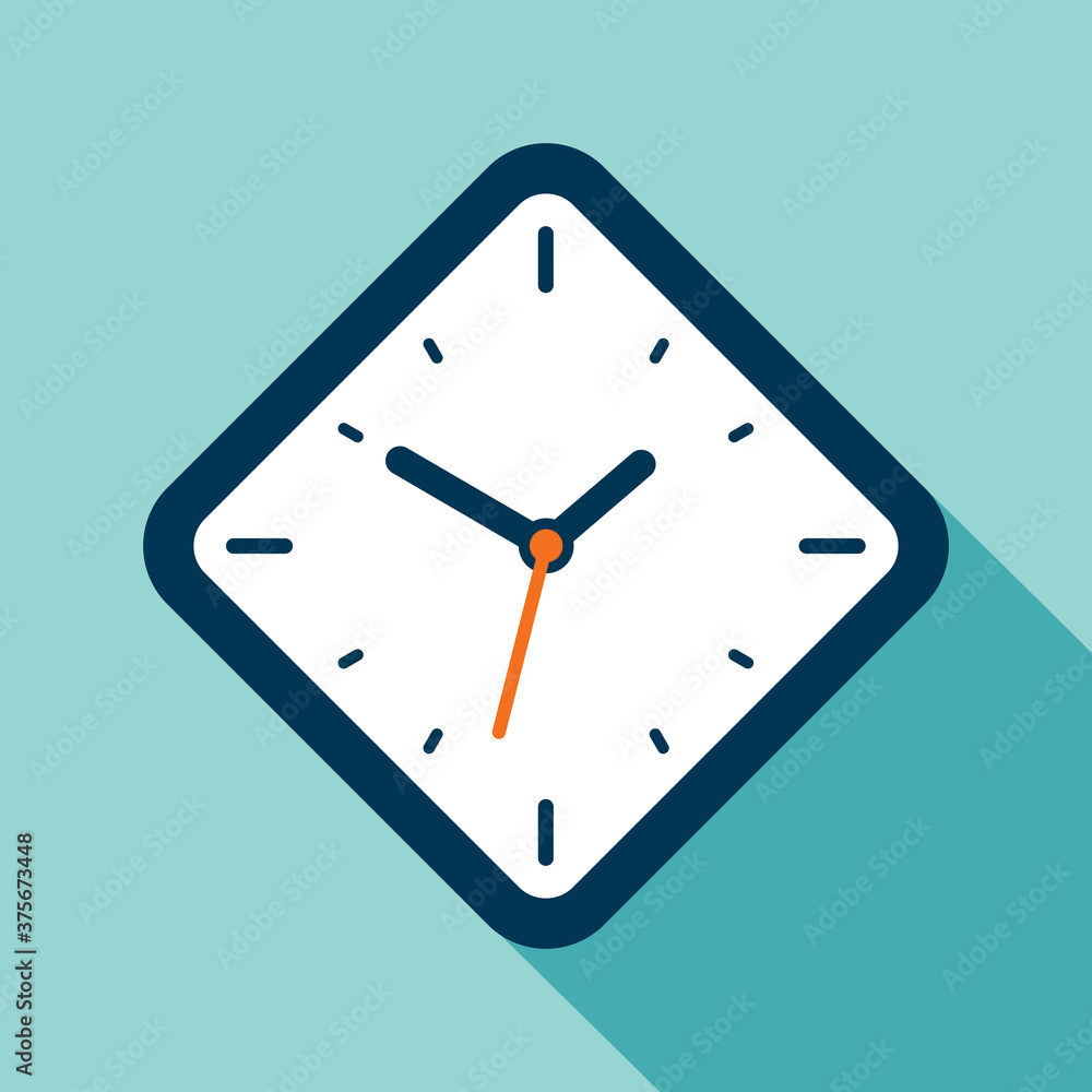 Poster clock icon in flat style, rhombus timer on blue background. business watch. vector design element fo