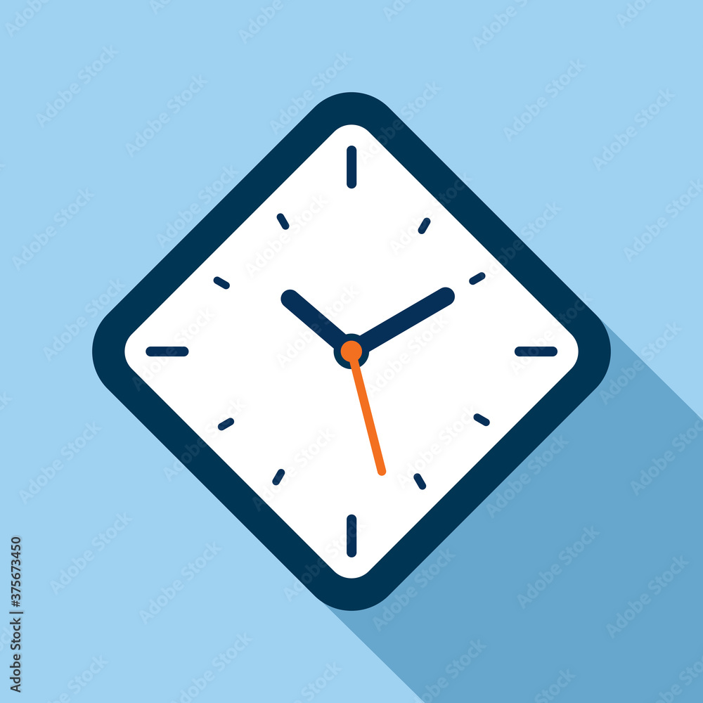 Poster clock icon in flat style, rhombus timer on blue background. business watch. vector design element fo