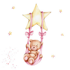 Cute teddy bear girl swinging on a swing on a star; watercolor hand draw illustration; can be used for baby shower or kid poster; with white isolated background - obrazy, fototapety, plakaty