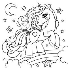Cute cartoon unicorn on a rainbow. Black and white, linear, image. Vector © Zerlina