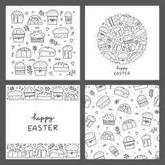 Set of cards with doodle outline Easter kulich cakes or Christmas panettones and pussy willows, hearts, dots isolated on grey background.
