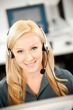 Computer Lab: Customer Service Woman Uses Headset