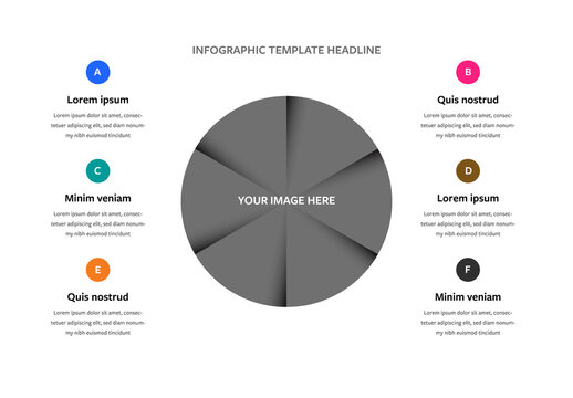 6 Options Infograhic Layout With Big Circle In The Center, Modern Template With Colored Circles