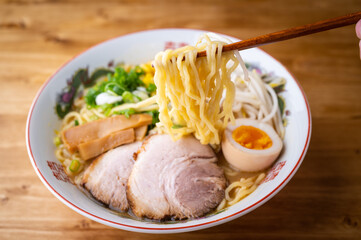 authentic Miso Ramen on wooden board