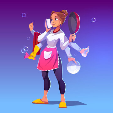 Busy housewife with many hands. Concept of domestic work and multitask. Vector cartoon woman with cooking pan, baby bottle and smartphone in arms. Multitasking housekeeping
