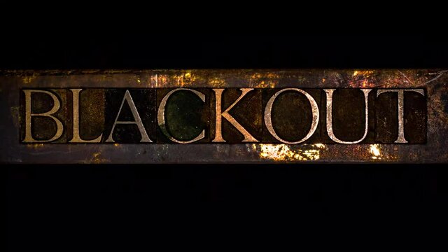Blackout text with animated digital glitch formed with real authentic typeset letters on vintage textured grunge copper and gold bar over black background