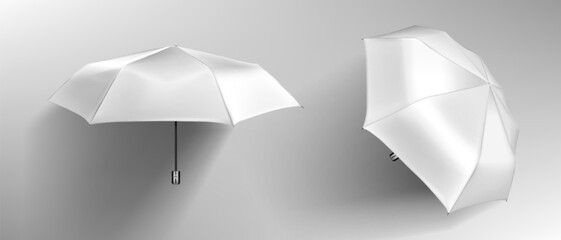White umbrella, blank parasol front and side view mock up. Waterproof accessories for rainy autumn weather, design element isolated on grey background. Realistic 3d vector illustration, icons, clipart © klyaksun