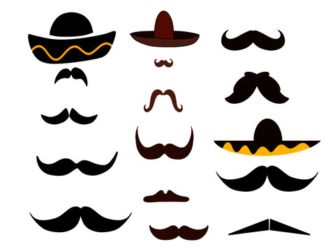 Different types of mustaches and hats, Mexican style, of the revolution and mariachi