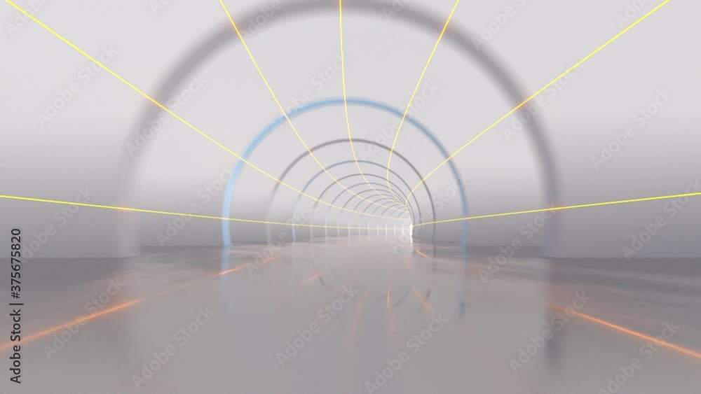 Poster white tunnel with glowing lines background, 3d rendering.