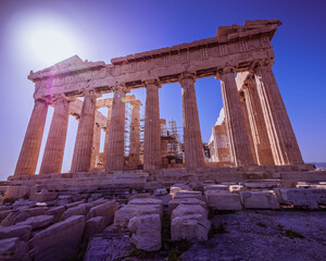 Parthenon ancient temple on acropolis of Athens under deep blue sky and direct sunlight, Greece