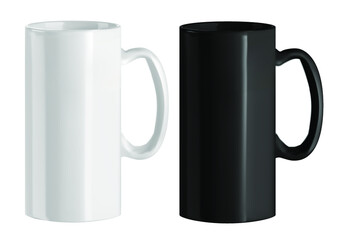Vector realistic illustration of tall straight cups. Isolated image of cookware. White and black ceramic cups. 